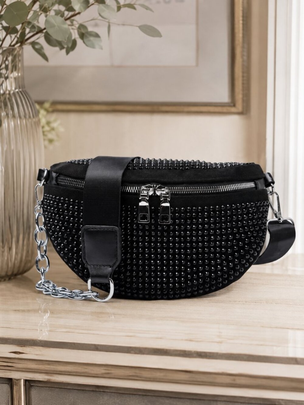 Black Rhinestone Crescent Crossbody Bag Studded Chain Strap Y2K Evening